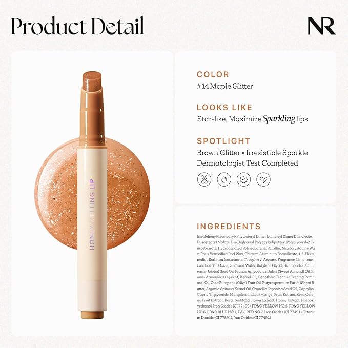 Nature Republic HONEY MELTING LIP GLITTER (14 MAPLE) SOFT LIP STICK Hydrating Gloss, Moisturizing balms, Shine Glimmer Finish, Shimmery-Sheer tint, korean make up
