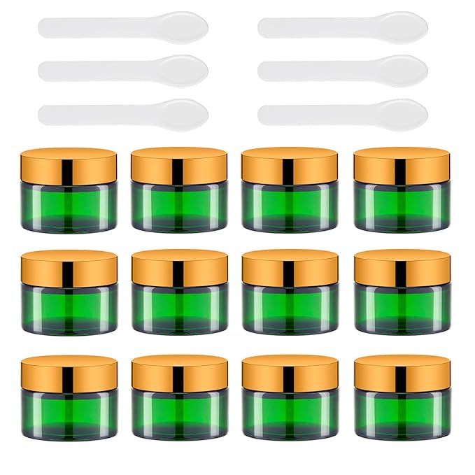 Lil Ray 1 oz Round Green Glass Jar with Inner Liners and Gold Lid (12pcs)