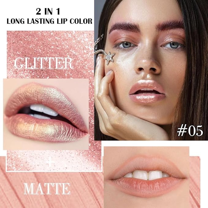 evpct Champagne Gold Metallic Glitter Lip Liner and Lipstick Combo Lip Gloss Stain Set Makeup for Women Long Lasting Waterproof 24, Blonde Frosted Metallic Shimmer Glossy iridescent Liquid Lipstick 05