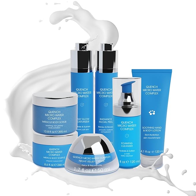 Quench 7 Piece Skincare Set - Japanese Onsen Volcanic Hydration and Anti Aging Skin Care Set with Cleanser, Facial Peel, Moisturizer, Night Cream