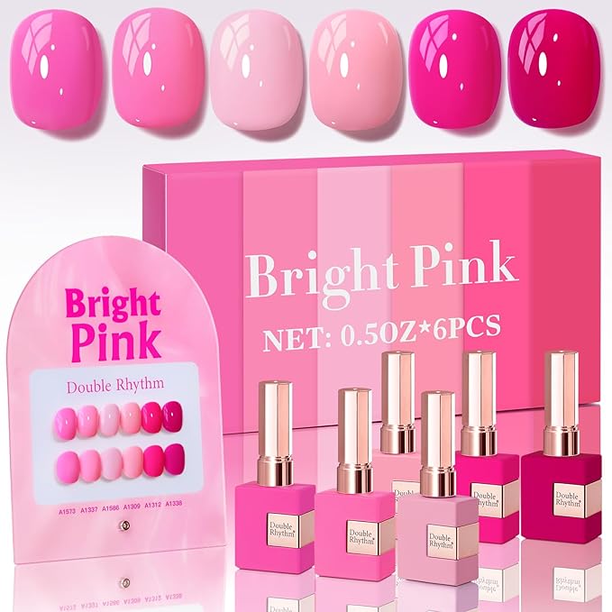 Double Rhythm 6 Pcs 15 ML Gel Polish Set Same Color Same Bottle Soak Off Gel Polish Kit Nail Art Manicure Salon DIY at Home for Women (Bright Neon Light Pink Purple-T6-13)