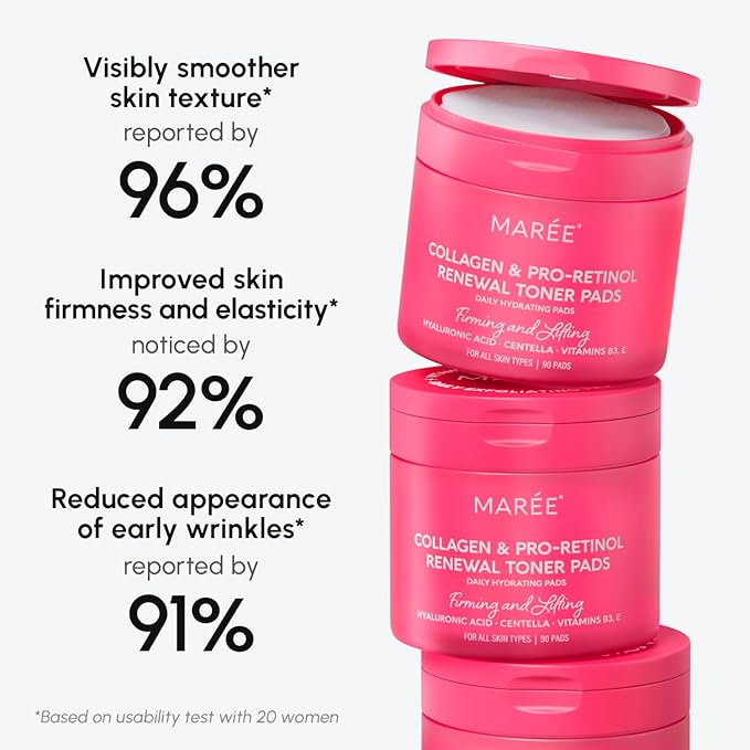 MAREE Collagen Toner Polishes - Toner Pads with Retinol - Minimizing Wrinkle Zero Pore Pads - Hydrating Toning Collagen Ampoule Pad with Retinol & Centella - Anti Aging Brightening Wipes