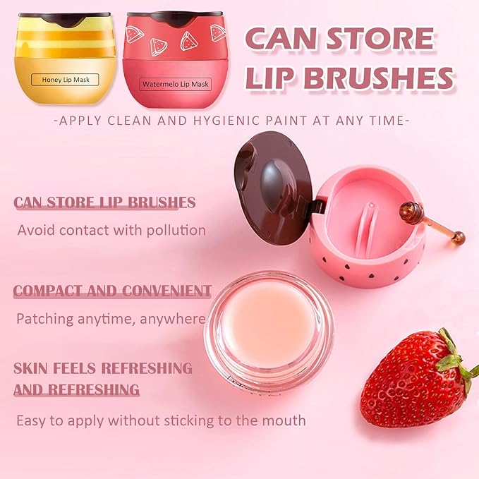 2 PCS Bee Lip Balm Honey Pot,Watermelon&Strawberry Lip Sleeping Mask Hydrating Prevention Dry and Cracked Lip Scrubs Exfoliator Lip Care,Lip Mask Overnight Reduces Lip Lines