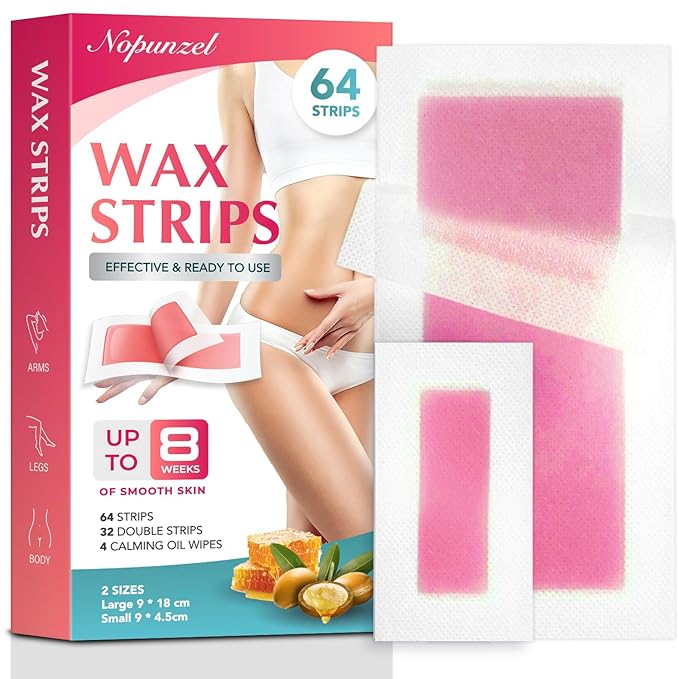 Wax Strips: 64 Waxing Strips - Hair Removal Wax - Brazilian Waxing - Waxing Kit for Women - Body Legs Arms Chest Bikini Back - Wax Kit At Home for Hair Removal - 2 sizes - 4 Calming Oil Wipes