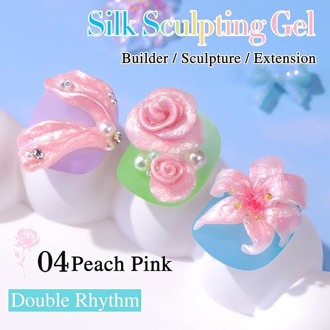 Double Rhythm 3D Nail Gel Pearl Solid Sculpting Gel for Nail Art Non-Sticky Hard Gel for Building Carving Molding Nail Extension Soak Off UV/LED Nail Art Salon Home DIY 0.5 Oz (Pink-Silk 04)