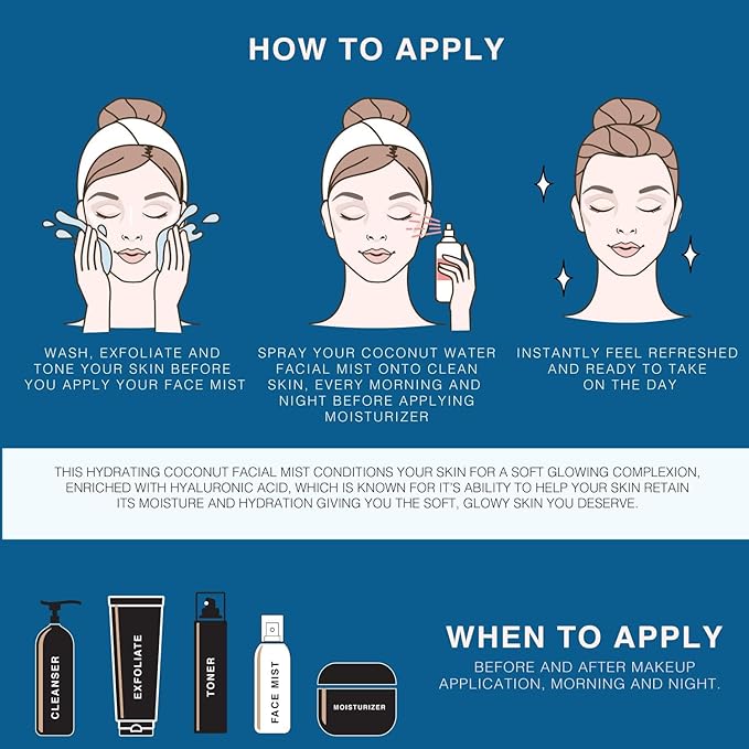 | Face & Body Mist Spray - Hydrating Coconut Water With Moisturizing Hyaluronic Acid | Instant Cooling, Conditoning, Hydrating | 8 FL OZ