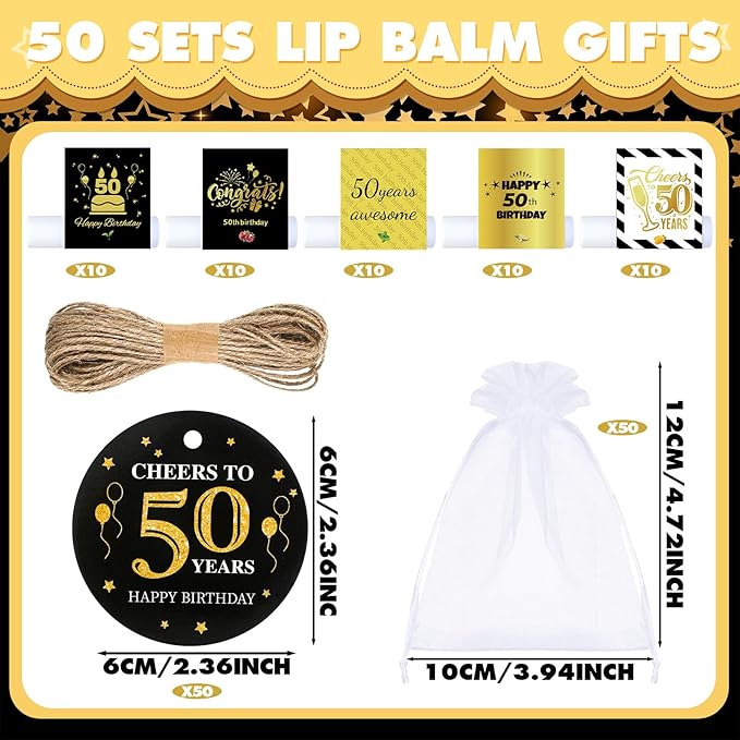 50 Sets Birthday Favors Lip Balm Gifts Bulk Moisturizing Lip Balm with 50 Organza Drawstring Gift Bag 50 Tags Birthday Party Supplies Gifts Bulk for Men and Woman (50th Birthday)