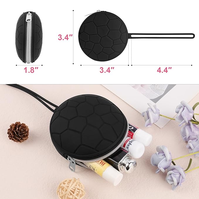 Desing Wish Silicone Lip Balm Holder with Silicone Zipper Pouch, Portable Lip Balm Keychain Sleeve - Silicone Storage Bag for Lip Balms/Small Cosmetics/Earphones/Keys - Black