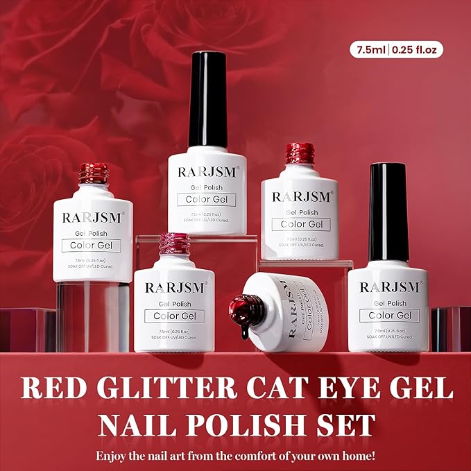 RARJSM Red Cat Eye Gel Nail Polish Set 6 Pcs Smoothie Ceramic Silver White Glitter Shimmer Burgundy Cherry Dark Wine Red Velvet Diamond Cateye Gel Polish with Magnetic Stick Soak off Curing Require