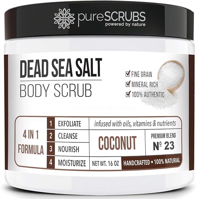 pureSCRUBS Premium Coconut Body Scrub Set - Large 16oz Dead Sea Salt Body Scrub With Infused Essential Oils & Nutrients, Includes Wooden Spoon, Loofah & Oatmeal Exfoliating Bar Soap