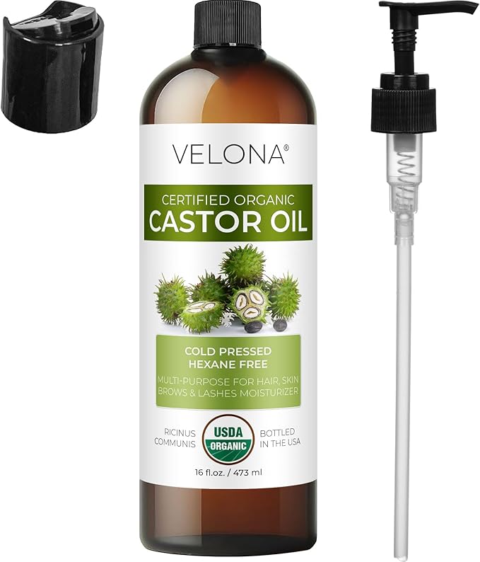 velona USDA Certified Organic Castor Oil - 16 fl oz (With Pump) | For Hair Growth, Boost Eyelashes, Eyebrows | Cold pressed, Natural Oil, USP Grade | Hexane Free, Lash Serum, Caster