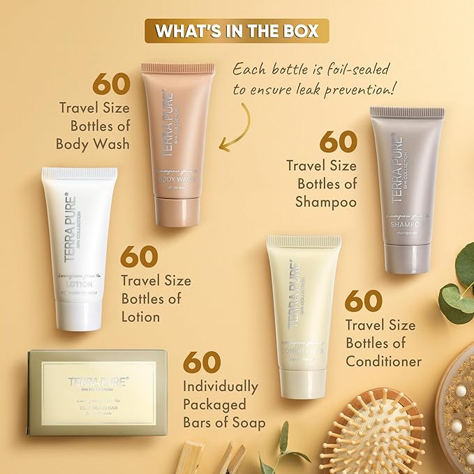 Terra Pure Spa Collection Bulk Set Toiletries | 1-Shoppe All-In-Kit Amenities for Hotels & Airbnb | 0.85 oz Hotel Shampoo & Conditioner, Body Wash, Lotion & Cleansing Bar Travel Size Tubes| 300 Pieces