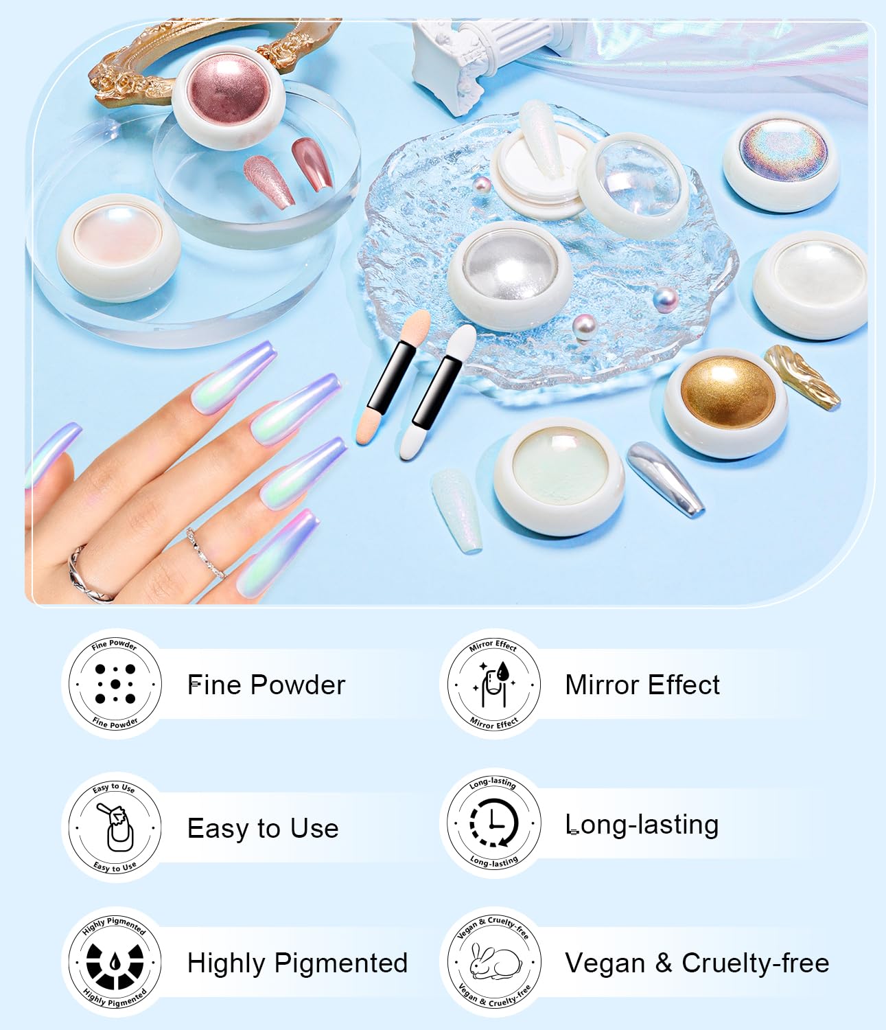 8Pcs Chrome Nail Powder BISHENGYF: Rose Gold Super Mirror Effect Nail Chrome Powder White Pearl Chrome Nail Powder with 1Pcs Silicone Nail Brush for Gel Nails DIY Gift for Women