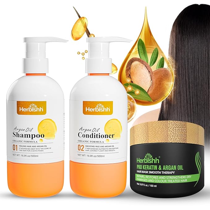 Herbishh Argan Hair Mask (150ml) + Argan Oil Shampoo & Conditioner (16.9 fl.oz Each) Hair Care Set – Deep Cleansing & Hydration, Ideal for Repairing Dry, Frizzy & Colored Hair – Sulfate & Paraben Free