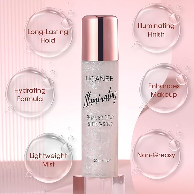 UCANBE Shimmer Dewy Setting Spray – Glowing + Makeup Setting Spray 2 in 1 Lightweight Formula for a Radiant Glow,Long-Lasting Face Mist for Face Body, 4 Fl Oz #Silver