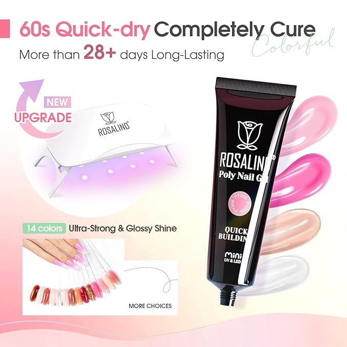 ROSALIND 14 Colors Poly Nail Gel Kit with Mini Nail Lamp Pink Brown Poly Nails Gel Kit Starter Kit With Slip Solution Kit Pink Extensions Gelfor Nail Manicure Beginner