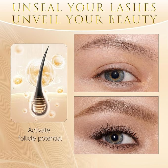 Eyelash Growth Serum – 15 Plant Extracts for Longer, Denser & Robust Lashes,Boosts Natural Lash Development,eyelash serum,Enhance Natural Beauty, Hypoallergenic Oil Free,lash growth serum（Black-Gold）