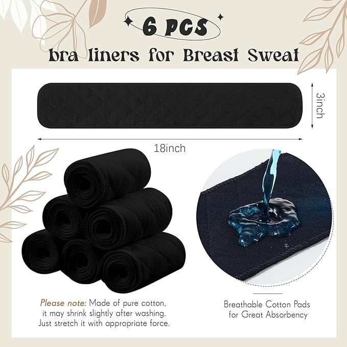 Toulite 6 Pcs Cotton Bra Liners Rectangle Under Bra Pads 3 Layer Bra Sweat Liners for Women Sweating Supplies