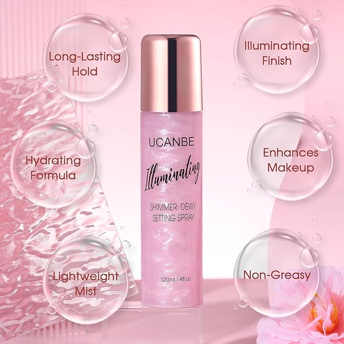 UCANBE Shimmer Dewy Setting Spray – Glowing + Makeup Setting Spray 2 in 1 Lightweight Formula for a Radiant Glow,Long-Lasting Face Mist for Face Body, 4 Fl Oz #Bubblegum