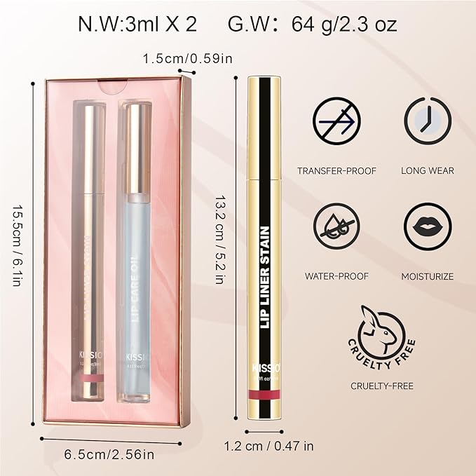 KISSIO Lip Stain Set,Peel Off Lip Liner Stain and Lip Care Oil,Transfer Proof,Long Lasting and Waterproof Lip Tint,Matte Finish,Lip Combo,06 Inlove