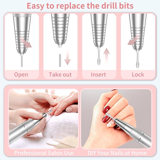 Portable Nail Drill Professional 35000 RPM, MOCOWIND Rechargeable Electric Nail File Machine E File for Acrylic Gel Polishing Removing, Cordless E-File with Bits Kit for Manicure Salon Home,Pink
