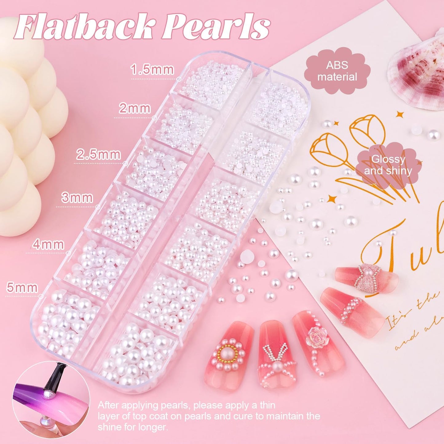 Flatback Pearls (White) and 3D Flowers for Nail Art, Pearl Nail Charms and Nail Flowers Blossom with Small Round Caviar Nail Beads Nail Accessories for Acrylic Nail Tips Manicure Decor