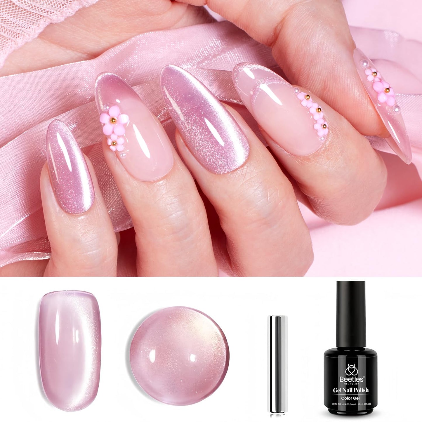 Beetles Cat Eye Gel Nail Polish, 15ML Pink Cat Eye Glitter Gel Nail Polish Holographic Pink Cat Eye Magnetic Reflective Translucent Gel Polish Nail Art DIY at Home