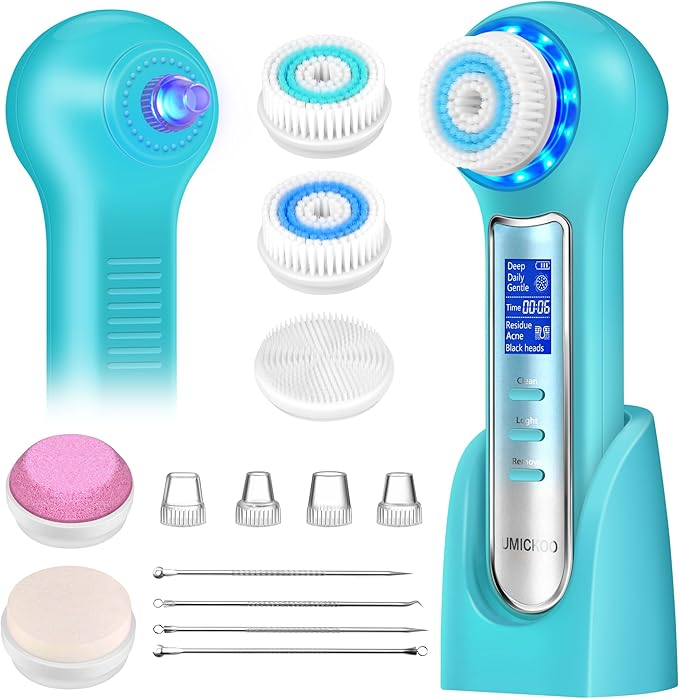 Face Scrubber Exfoliator,Facial Cleansing Brush Waterproof with LCD Screen,Blackhead Remover Vacuum with 5 Brush Heads,Face Spin Brush for Exfoliating (Blue-Blue)