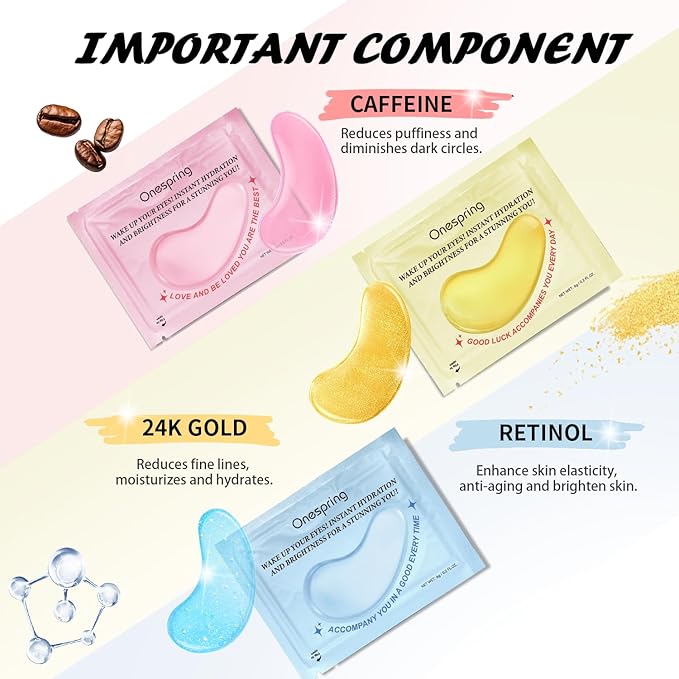 Eye Masks (24 Pairs) - Gifts for Her - Caffeine, 24K Gold and Retinol Under Eye Patches for Puffy Eyes, Dark Circles & Fine Lines, Bachelorette Party Favors, Birthday, Bridesmaid Gifts