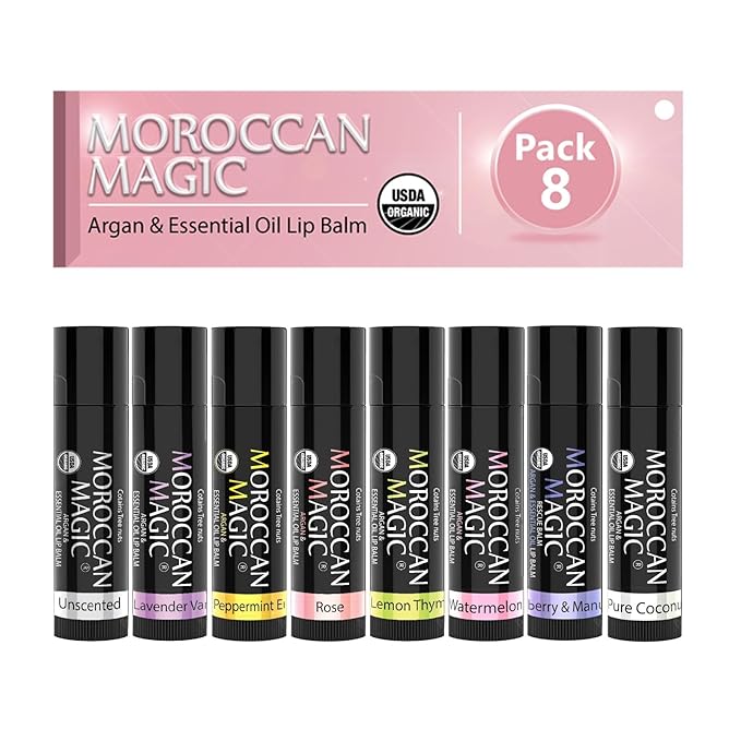Moroccan Magic Organic Lip Balm Variety Pack Gift Set | Natural Argan and Essential Oils | Smooth | Non-Toxic Cruelty Free | 8 Pack