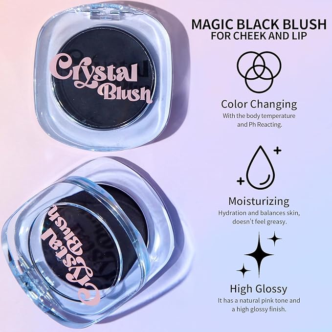 KYDA Black Cream Blush, Color Changing Tint, Magic Black Blush for Cheek & Lip, Natural Pink Glossy Face Blusher, Moisturizing Lightweight, Crystal Make Up Blush