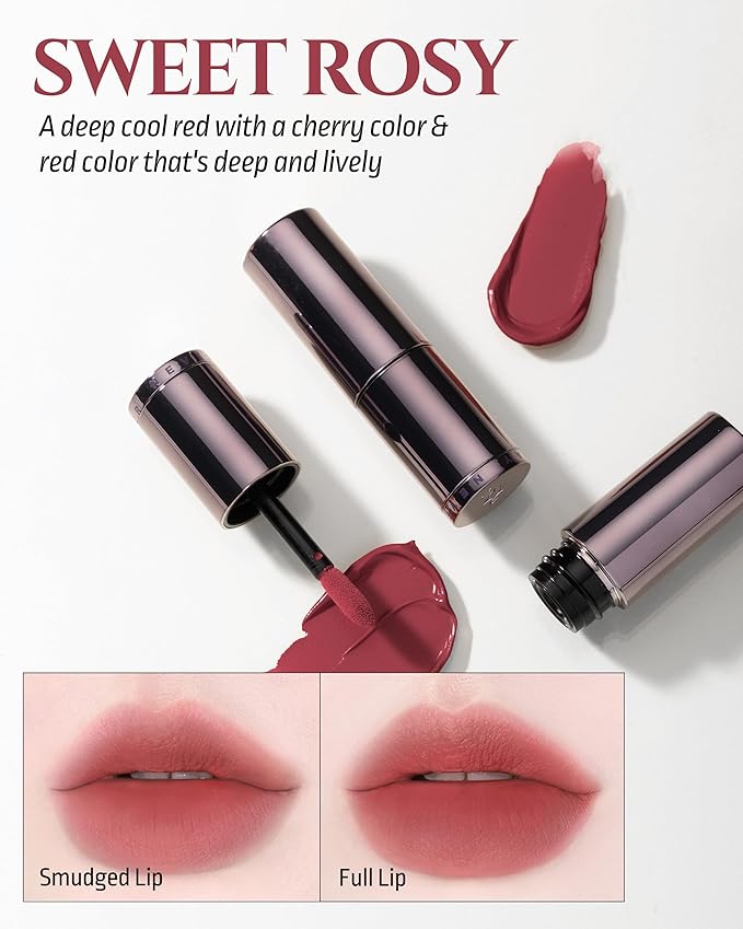 HEVVYMAKEUP Blurring Effect Lip Tint - Airy Velvet Matte Lips - Vegan, Longwear, Vibrant, Buildable Creamy Soft Texture - Korean Lip Makeup, Sweet Rosy, 0.13 fl.oz.