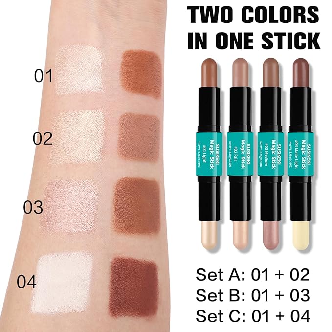 Contour Stick, 2Pcs Dual-Ended Highlighter Makeup Pen & Contouring Stick for Face Shaping, Long Lasting Waterproof Cream Bronzer & Highlight Sticks Make Up Kit for All Skin Tones (01# + 04#)