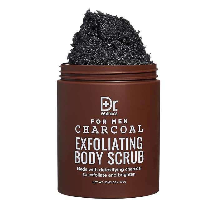Dr. Wellness Body Scrub for Men- Ultimate Exfoliating Scrub Infused with Charcoal, Men’s Body Wash in Jar with Twist Top, 23 oz, For All Skin Types