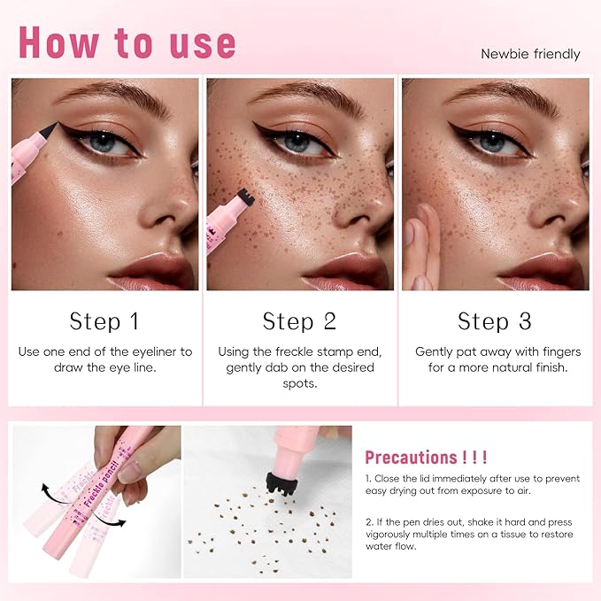 Freckle Stamp with Eyeliner Pen 2 in 1 for Natural Lifelike Faux Freckle Waterproof Fake Freckles Stain Marker for Sunkissed Makeup #Brown&Black