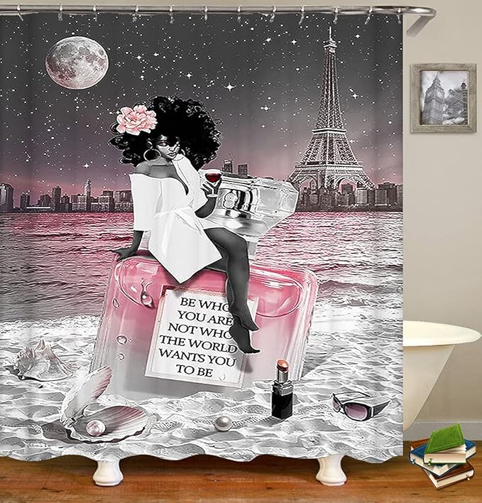 4PCS Sexy Black Girl Shower Curtain Set, Inspirational Quotes African American Woman Full Moon Starry Sky Eiffel Tower Beach Perfume Fashion Bathroom Decor, Non-Slip Bath Mat, Be Who You are