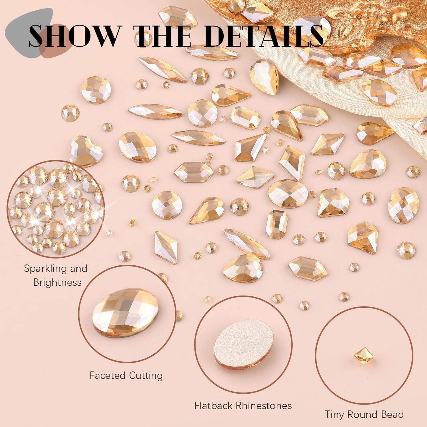 2680Pcs Champagne Gold Glass Nail Rhinestones 120Pcs Multi Shapes Flatback Nail Gems +2560Pcs 1.5-4mm Round Crystal with Rhinestones Glue Gel, Manicure Nail Charms Diamond Gemstone for Nail Art