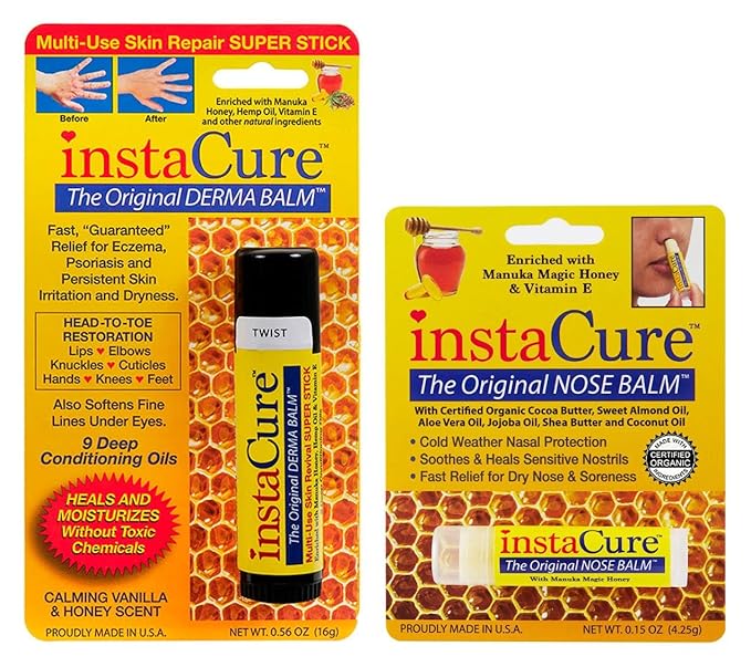 InstaCure's Original Nose Balm with Manuka Honey. Fast Relief for Cracked, Dry & Sore Noses + InstaCure Original Derma Balm Jumbo-Sized Skin Revival Tube. Soothes & Heals Dry, Irritated Skin