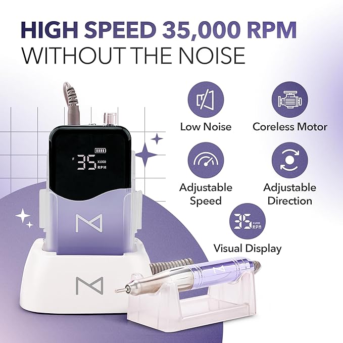 M Mase- Professional Nail Drill Machine - Coreless 2-in-1 Nail File - Electric, Cordless, 35000 RPM, HD Display - Electric Nail Drill for Professional & Home Use (Violet)
