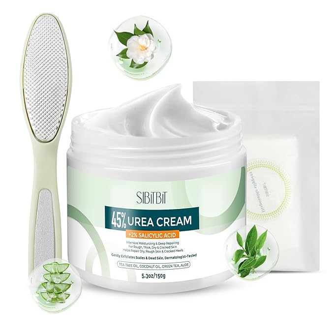 Urea Cream 45% for Feet with Maximum Strength Moisturizing, with 2% Salicylic Acid, for Dry and Cracked Heel, Foot, Elbows, Dead Skin Calluses Remover, 5.29 OZ, Foot File, Foot Mask Cover (10 pairs)