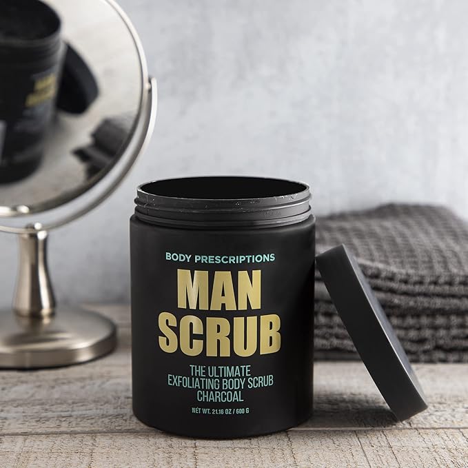 Body Prescriptions Men’s Exfoliating Body Scrub – Ultimate Skin Cleansing Wash in Jar with Twist-Top Lid, For All Skin Types, 21 Ounce (Pack of 1), Charcoal