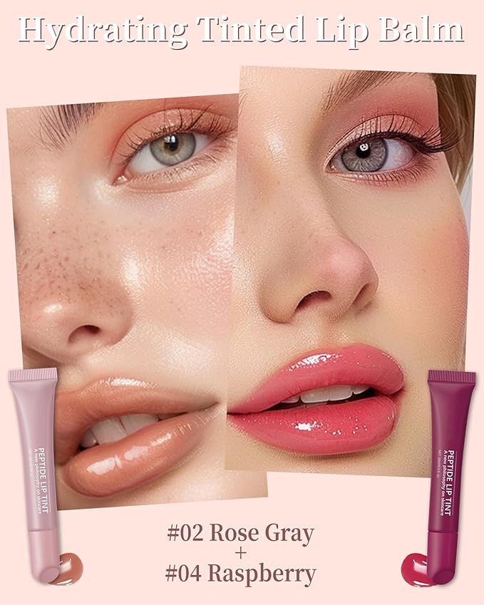 Tinted Lip Balm-2Pcs Rose-Gray Raspberry Peptide Hydrating Lip Tint Moisturizer, Jelly Glossier Lip Treatment Balm, Non-Stick Glow Reviver Lip Care Oil Lip Gloss, Thanksgiving Makeup for Women-02+04