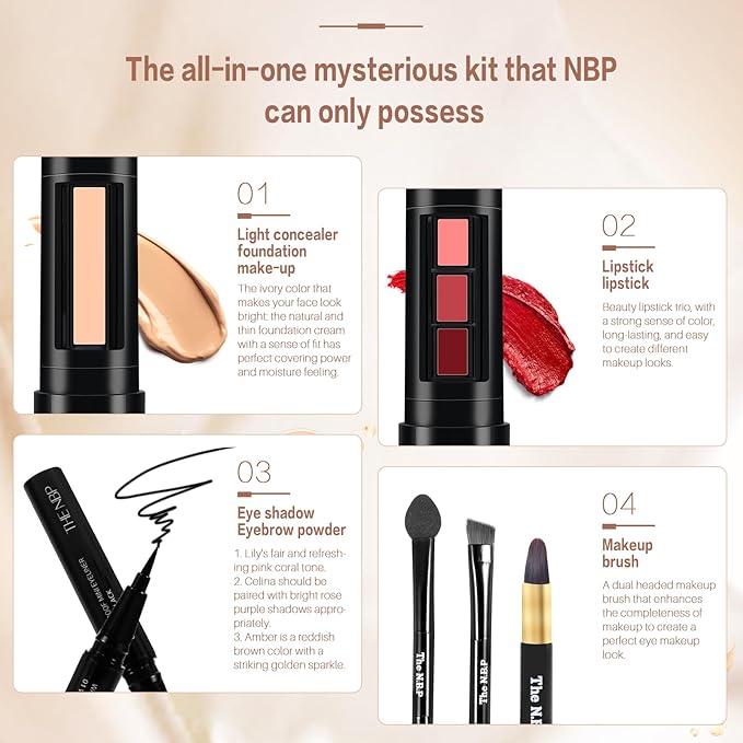 Portable Professional Makeup Kit,Mini Professional Makeup Kit Eyeshadow Palette Lip Gloss Concealer,Lipstick shape and size,7 Color