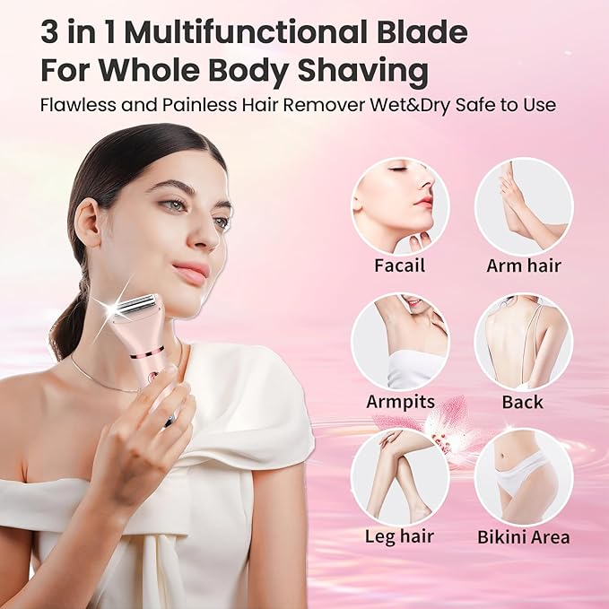 Bikini Trimmer Electric Razors for Women - 3 in 1 Electric Shaver for Women, Waterproof Pubic Hair Trimmers and Facial Hair Remover, Rechargeable Women's Grooming Kit