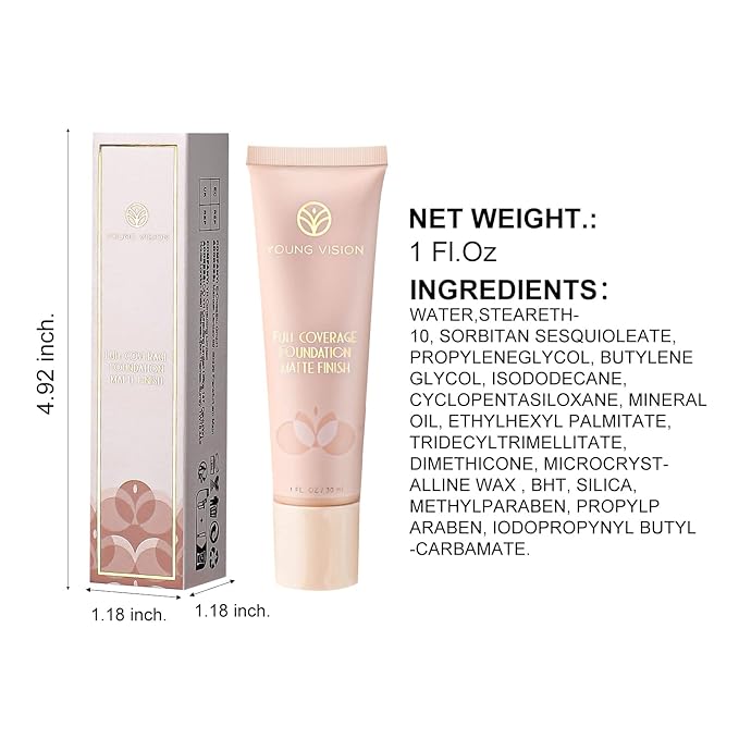 YOUNG VISION Full Coverage Longwear Foundation, Matte Finish, Waterproof, Poreless Liquid Foundation Makeup, 1 Fl Oz (Pack of 2)