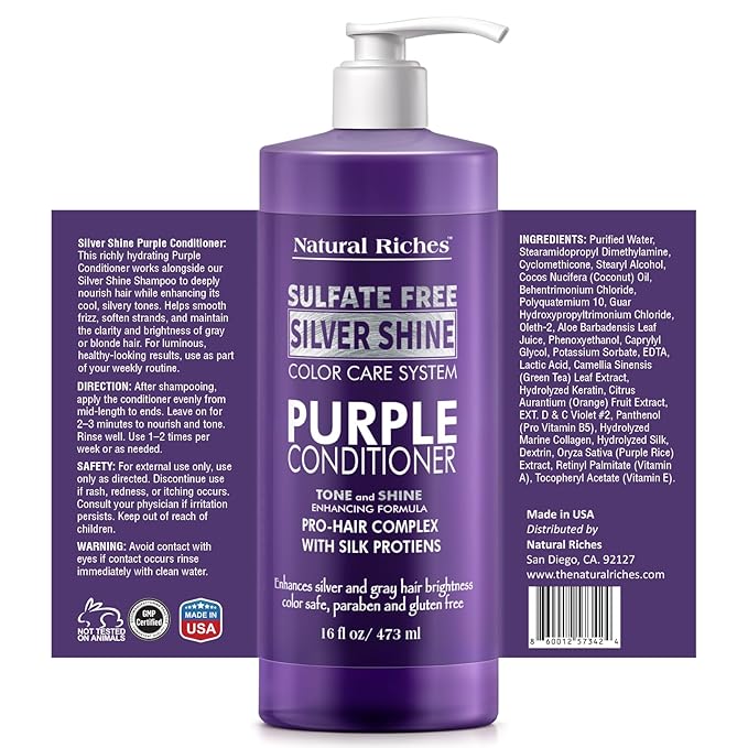 Natural Riches Radiant Silver Shine Purple Shampoo and Conditioner Set for Gray Hair - Paraben-Free and Color Safe – With Silk Proteins, Tones Dull Hair, Softens & Adds Shine - 16 fl oz