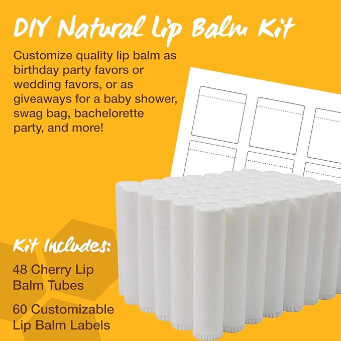 Nature's Bees - DIY Bulk Lip Balm Kit, Natural Cherry Flavor - 48 Blank Lip Balm Tubes w/ 60 Labels - Easy to Use - Customizable Templates - Beeswax, Cocoa Butter, Coconut Oil, Aloe - .15 oz (4.2g)