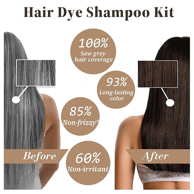 Dark Coffee Hair Dye Shampoo 3-in-1, 100% Gray Hair Coverage in Minutes, Instant Brown Shampoo Hair Dye, Herbal Hair Color Shampoo for Women & Men, Coloring Shampoo for Dyeing Gray, 16.9 Fl Oz