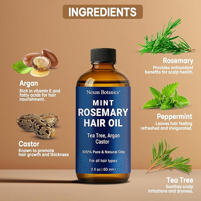 Mint Rosemary Oil for Hair Growth 2 fl oz – Lightweight, Non-Greasy Formula with Peppermint – Strengthens Strands for Healthier, Thicker Look – Nexon Botanics