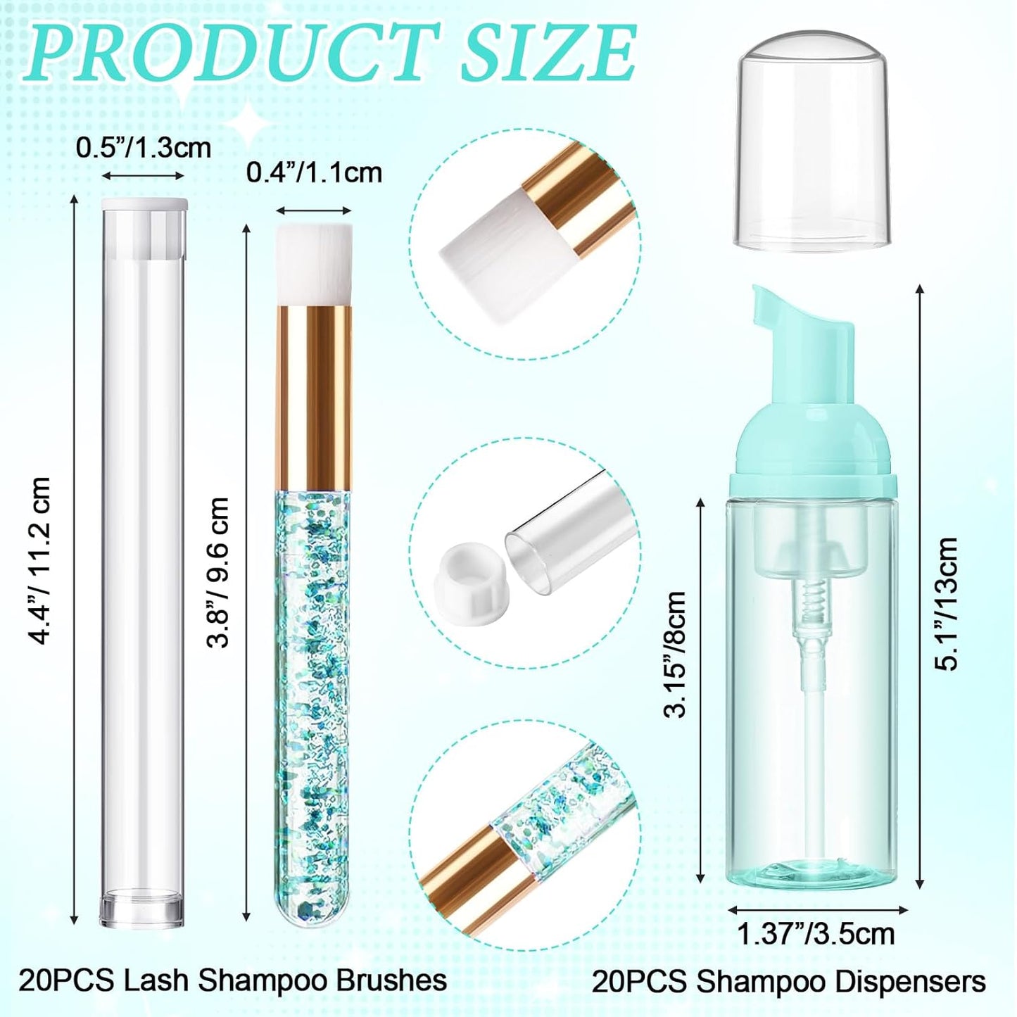 Zhehao 80 Pcs Lash Shampoo Bottle Brushes Kit 20 Foam Pump Dispensers 20 Lash Shampoo Brushes 20 Eyelash Aftercare Bag 20 Cleaning Pipes, Eyelash Extension Supplies(Green, Blue)